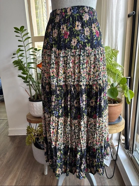 Vintage Black Floral Tiered Maxi Skirt with Pink and Blue Blossoms - Picture 1 of 6